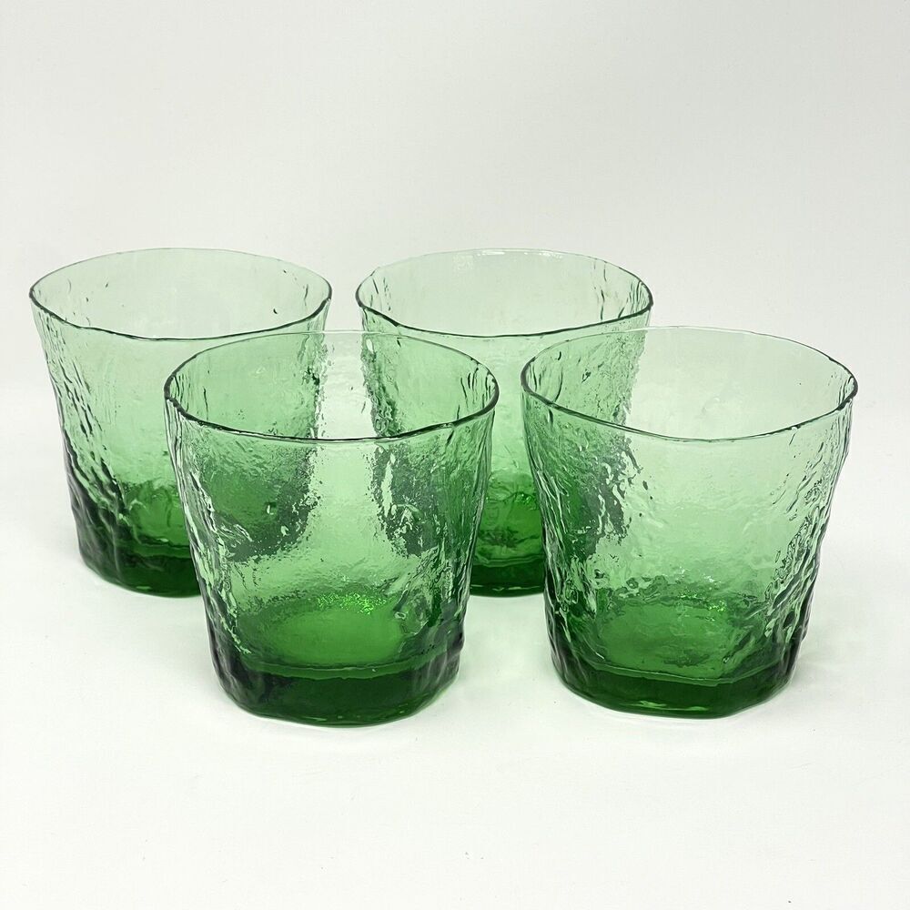 Vintage Morgantown Crinkle Green Double Old Fashioned Glasses MCM 3.5” Set Of 4